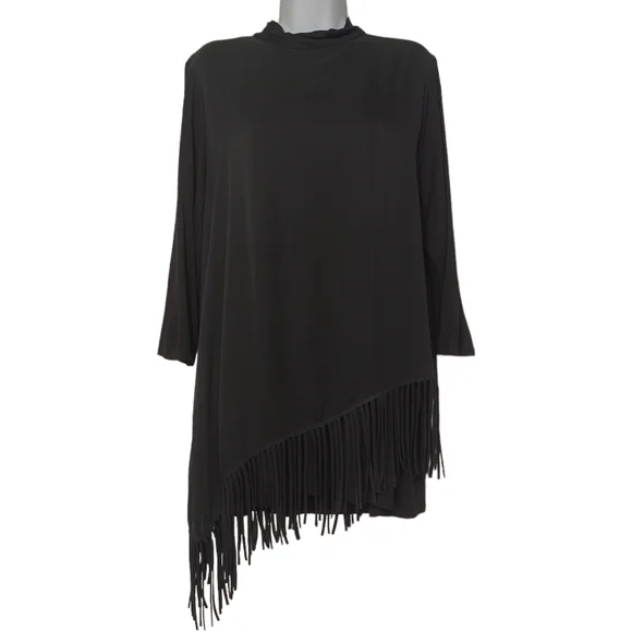 CHICO'S Fringe Asymmetric Hem Semi Sheer Overlay Black Top 2 (Large) - Picture 2 of 9